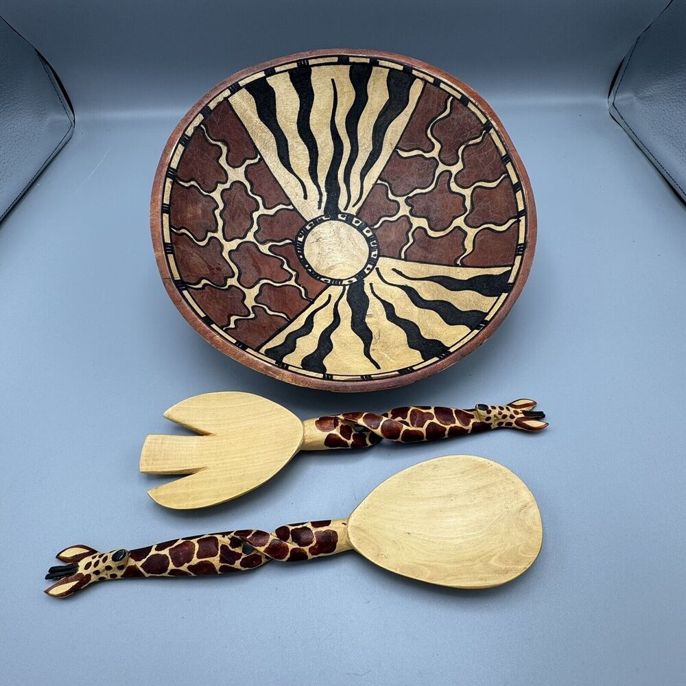 Decorative Hand Carved Painted Wood Giraffe Salad Servers & Giraffe Design Bowl